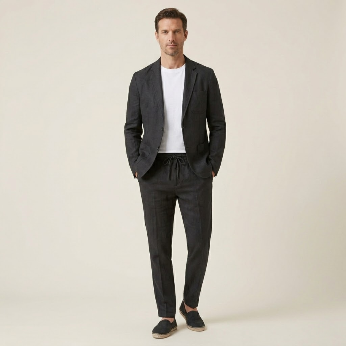 Men's cotton-linen two-piece suit set, dark charcoal blazer and drawstring pants on model