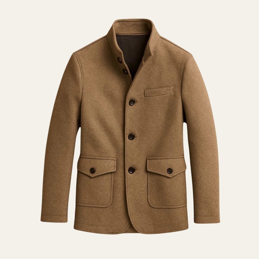 Men's brown wool overcoat with stand collar, button front, and flap pockets