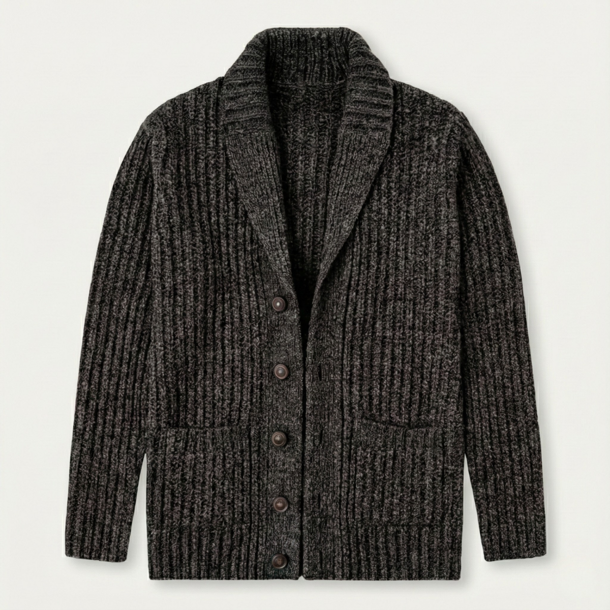 Dark gray chunky knit shawl-collar cardigan with button front and patch pockets