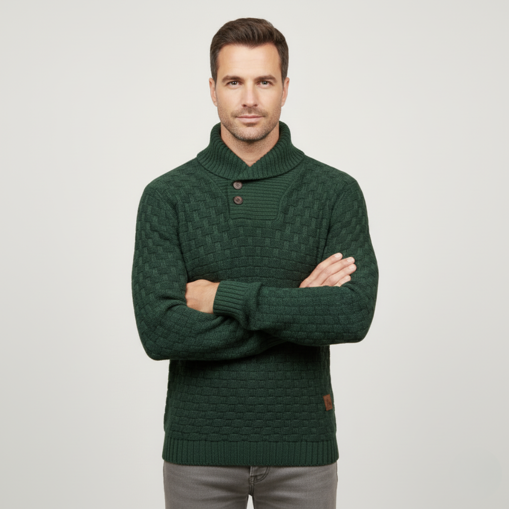 Men's green chunky knit sweater with button placket and ribbed collar