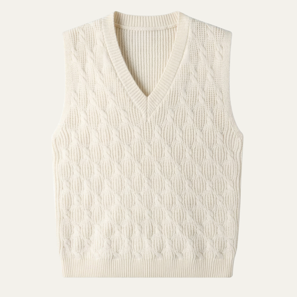 Men's white textured knit V-neck sweater vest, ribbed hem and neckline
