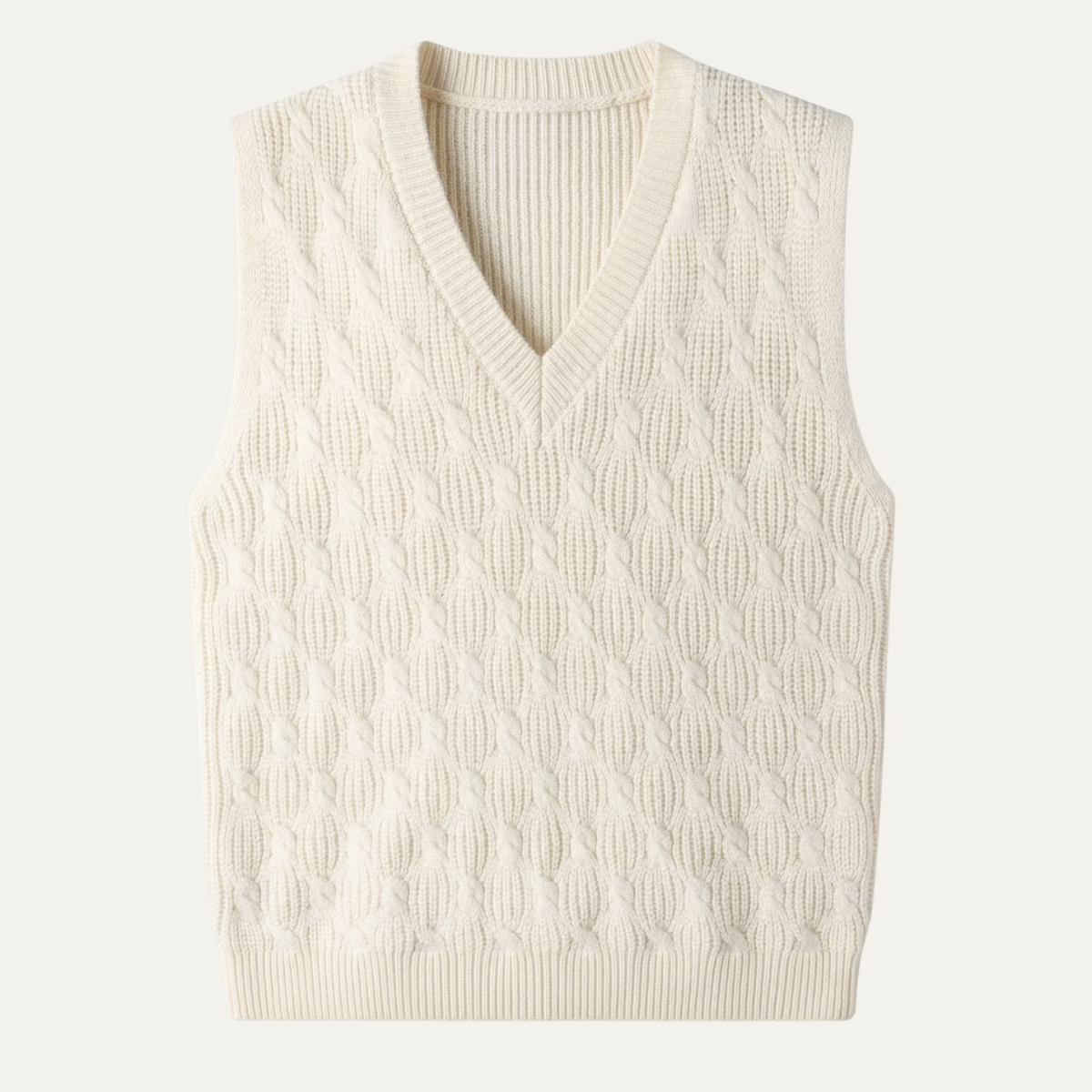 Men's white textured knit V-neck sweater vest, ribbed hem and neckline
