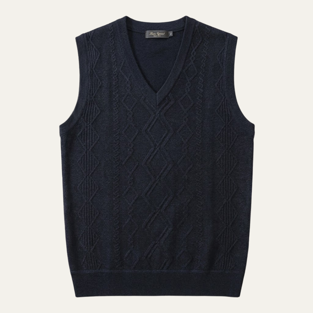 Navy v-neck sleeveless cable knit sweater vest with diamond texture.