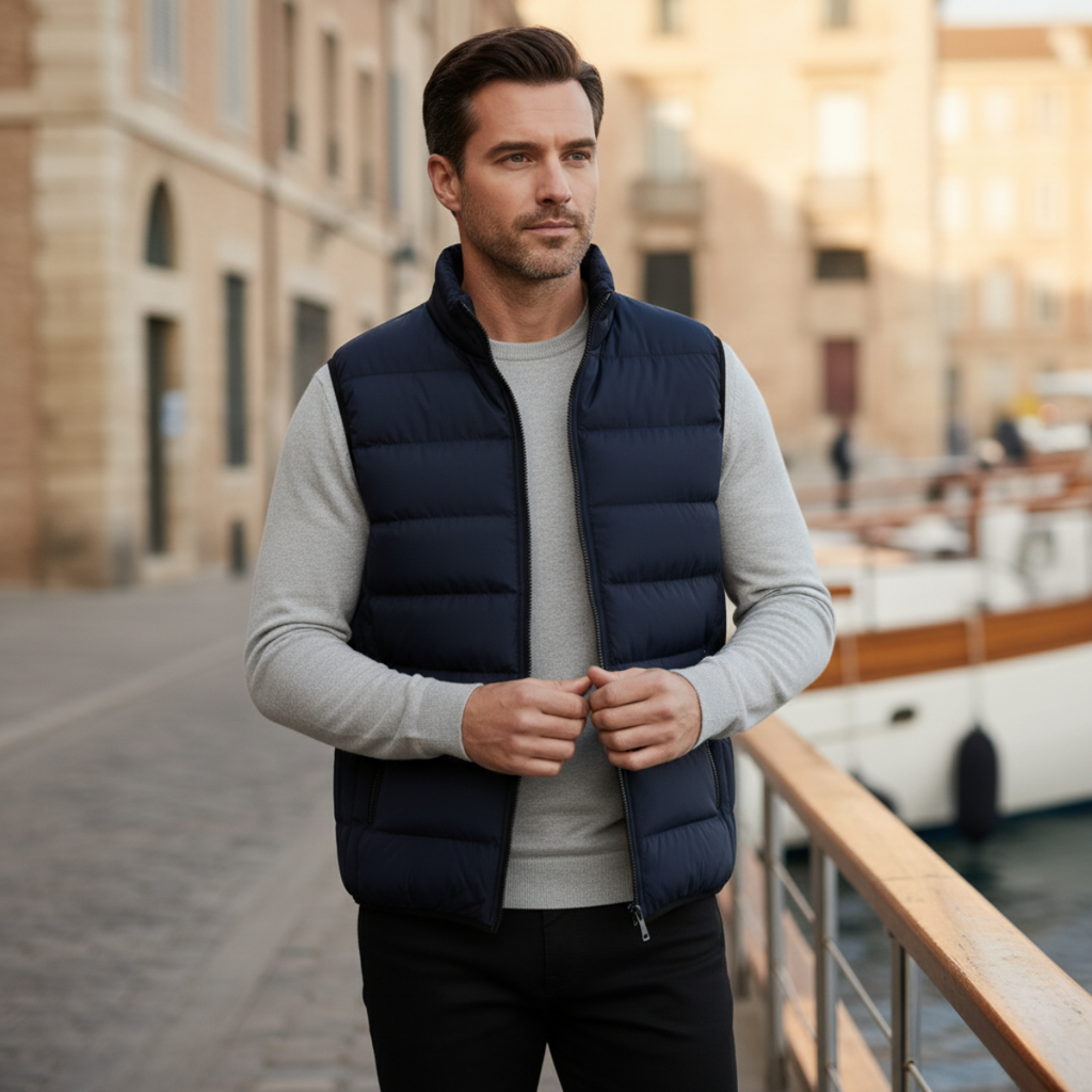 Men's quilted puffer vest in marine blue, full-zip front, sleeveless