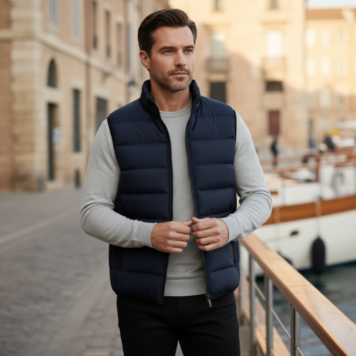 Men's quilted puffer vest in marine blue, full-zip front, sleeveless