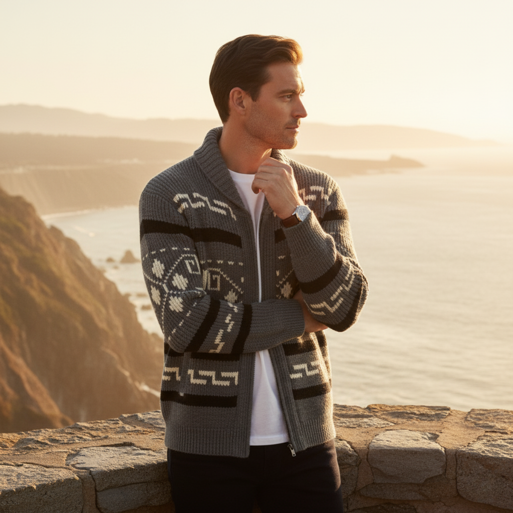 Men’s dark knit shawl-collar cardigan, Aztec-style pattern, front zipper
