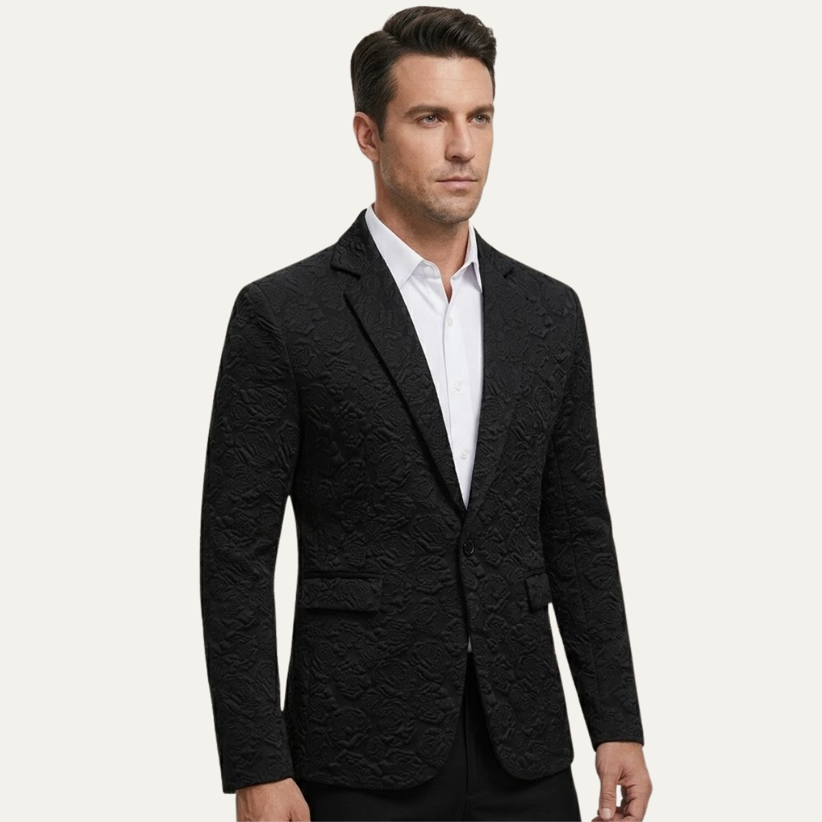 Men's black slim-fit textured blazer with flap pockets and notch lapels