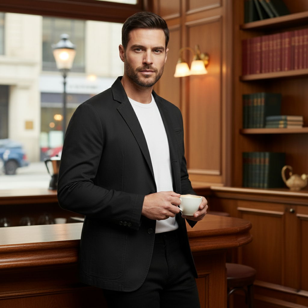 Lightweight men’s jacket in black with notch lapel and front button closure