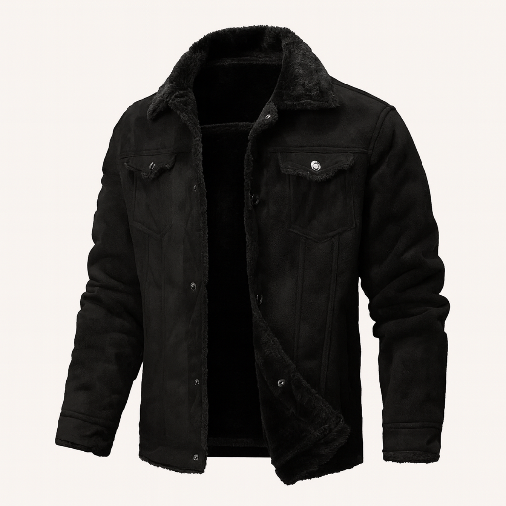 Men's black sherpa-lined suede jacket, stand collar, snap flap pockets, button front.