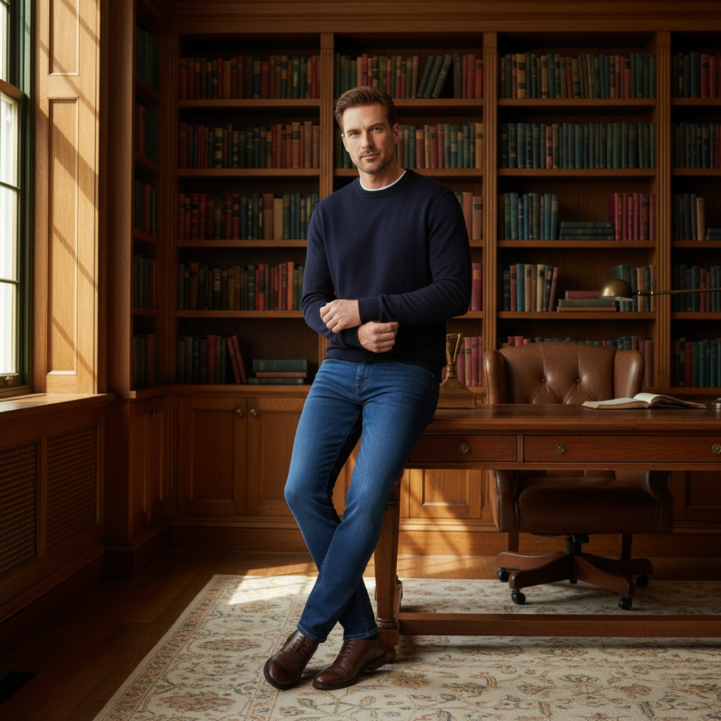 Men's blue stretch slim-fit skinny jeans with tapered legs and five pockets