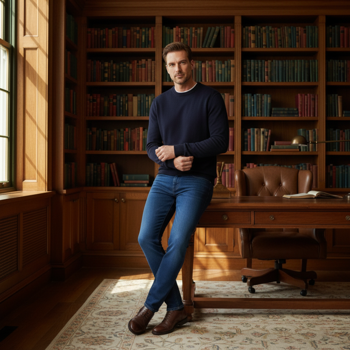 Men's blue stretch slim-fit skinny jeans with tapered legs and five pockets