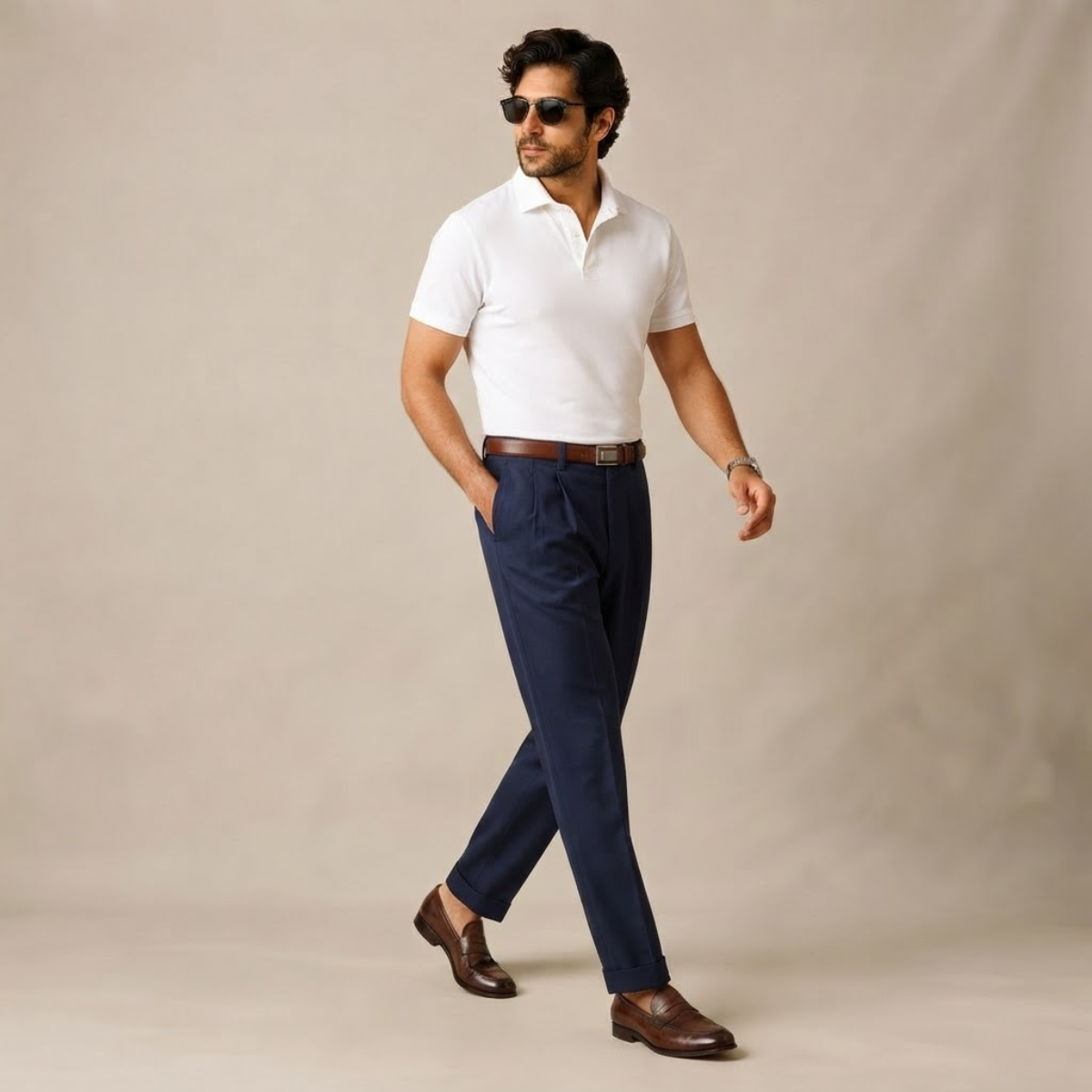 Men's double-pleated high-waist straight-leg pants in navy blue on model