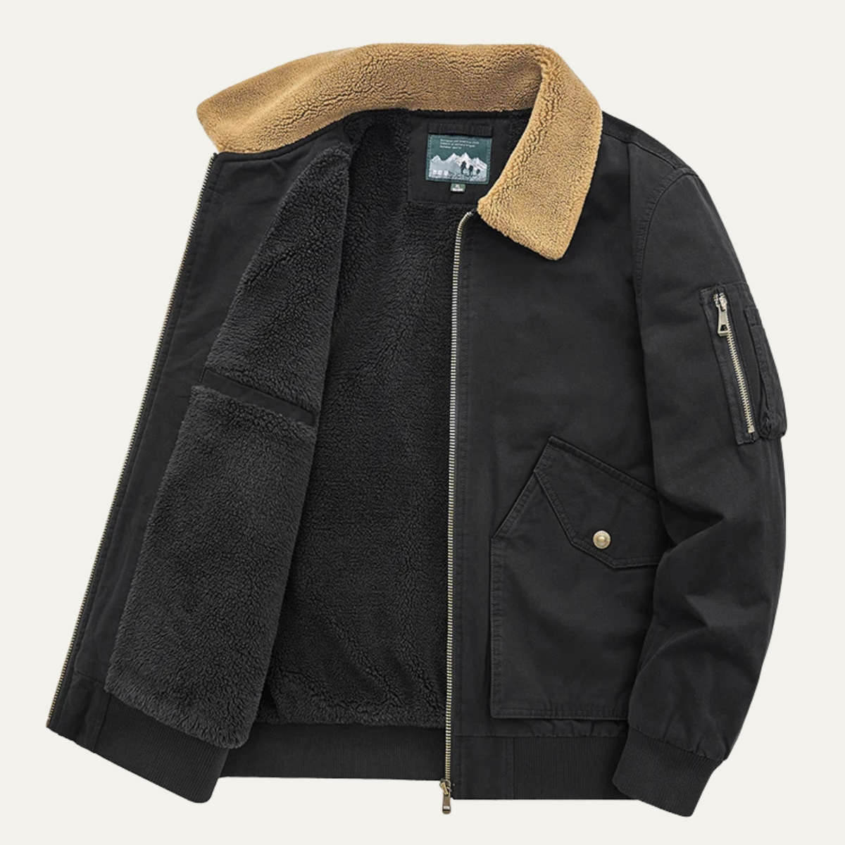 Men's sherpa-lined bomber jacket, black with tan shearling collar and zip pockets
