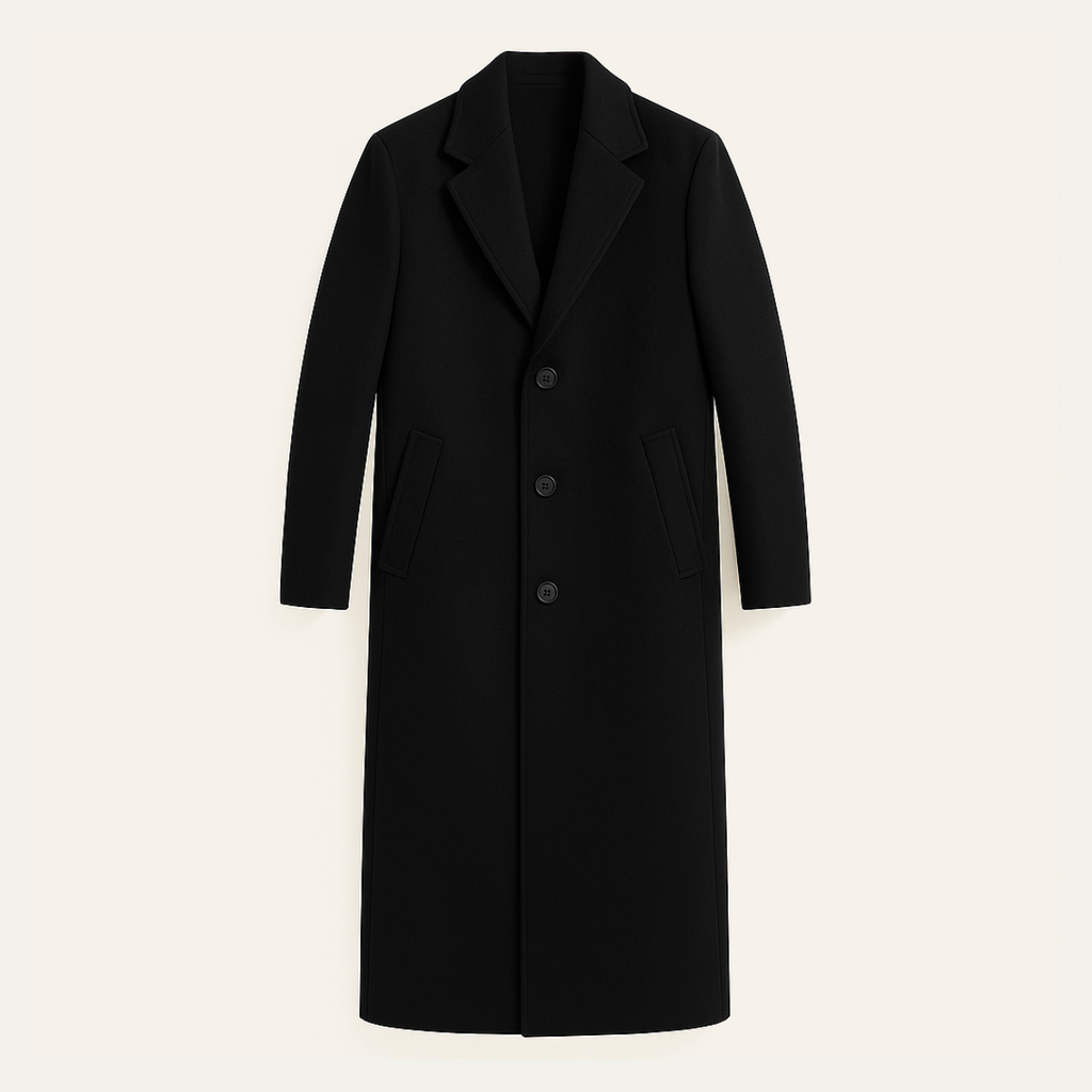 Black wool long overcoat, single-breasted front with two-button closure and flap pockets