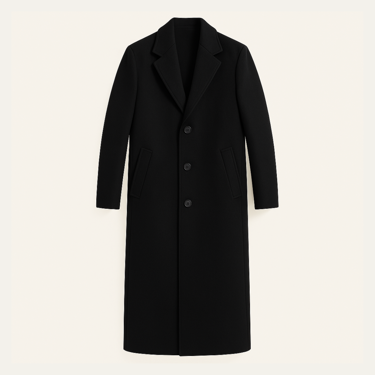 Black wool long overcoat, single-breasted front with two-button closure and flap pockets