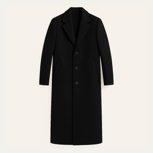 Black wool long overcoat, single-breasted front with two-button closure and flap pockets