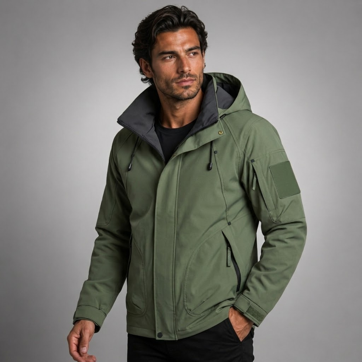 Army green waterproof rain jacket with hood and zip front, chest pocket, drawcord