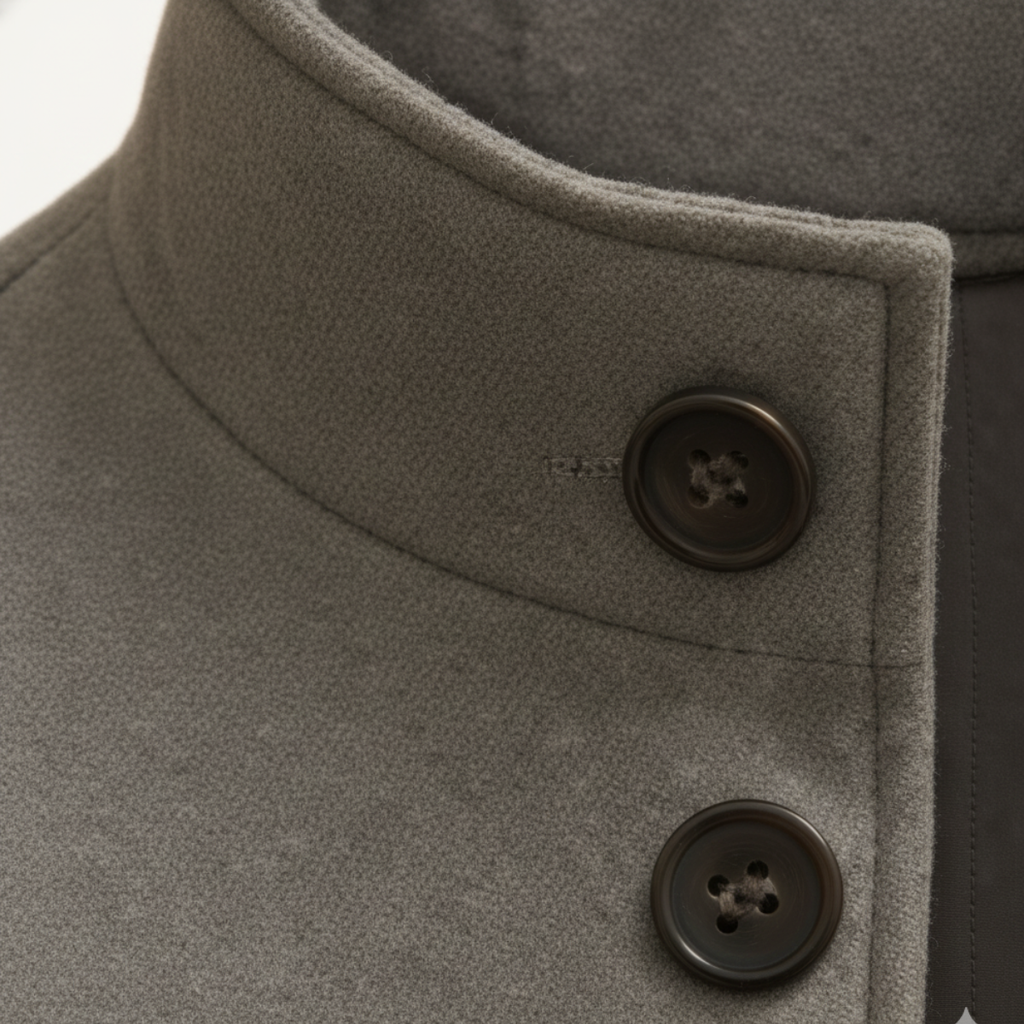 Men's gray wool overcoat close-up of stand collar and dark button placket