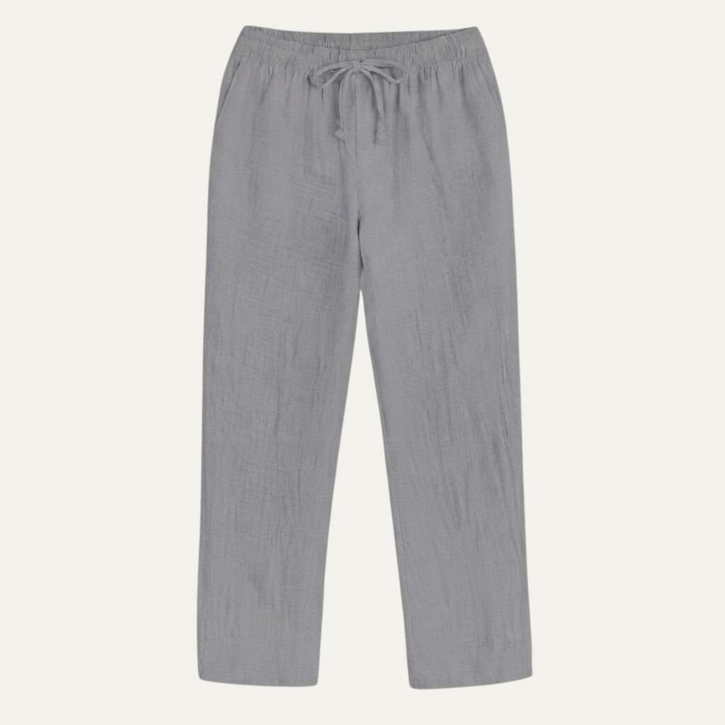 Men's gray linen pants with elastic drawstring waist and relaxed loose fit