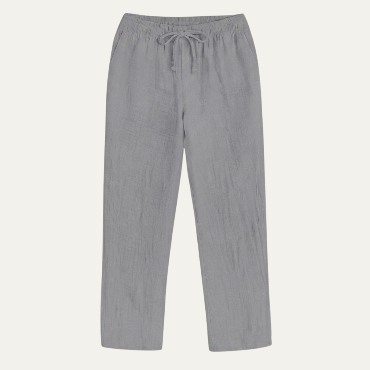 Men's gray linen pants with elastic drawstring waist and relaxed loose fit