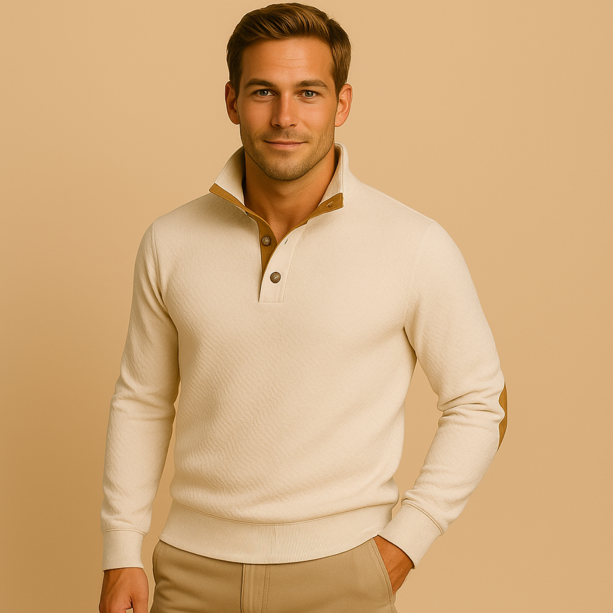 Cream quarter-zip sweater with tan button placket and ribbed cuffs