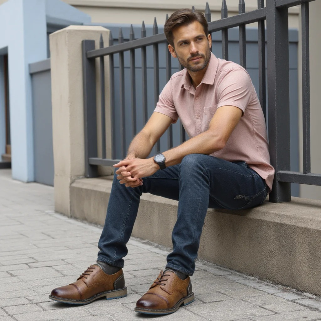 Men's brown lace-up leather oxford shoes with blue rubber sole, styled with jeans