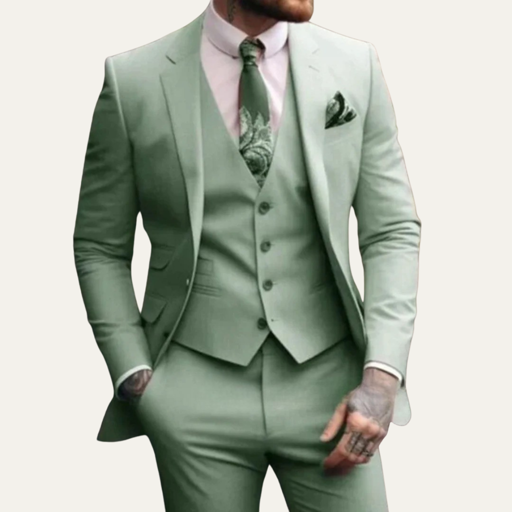 Men's matcha green 3-piece suit worn: blazer, vest, and tailored trousers
