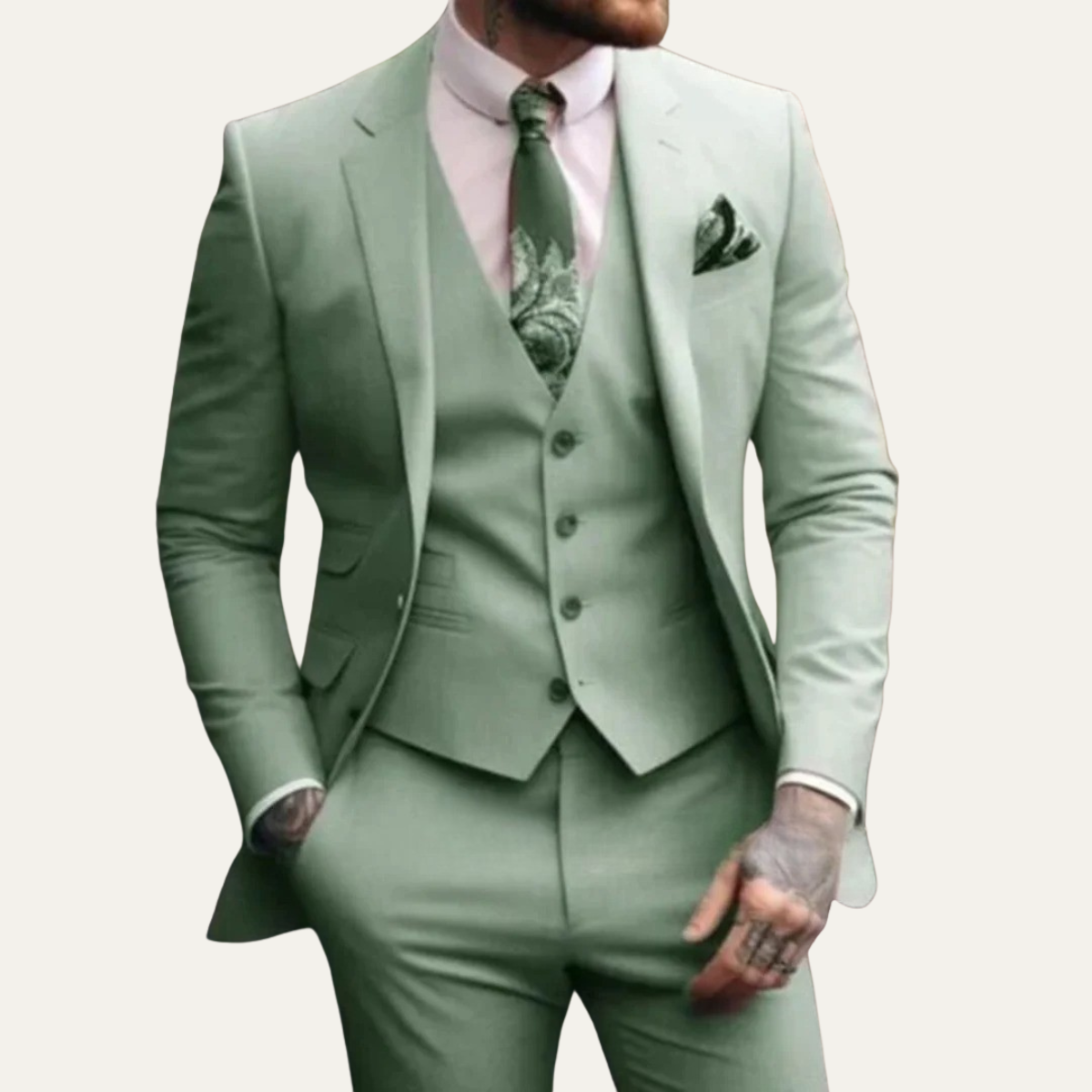 Men's matcha green 3-piece suit worn: blazer, vest, and tailored trousers