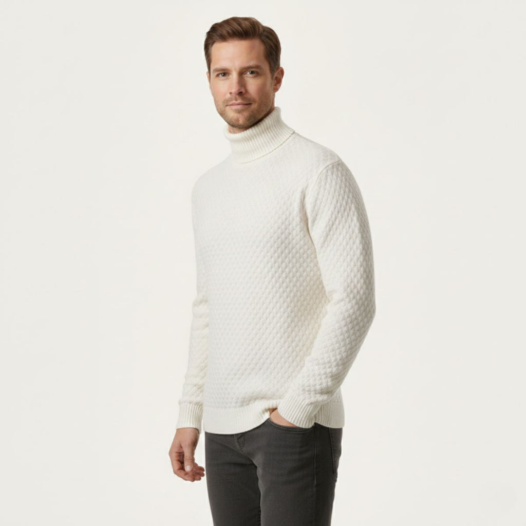 White thick wool knit turtleneck sweater on model, ribbed cuffs and waistband