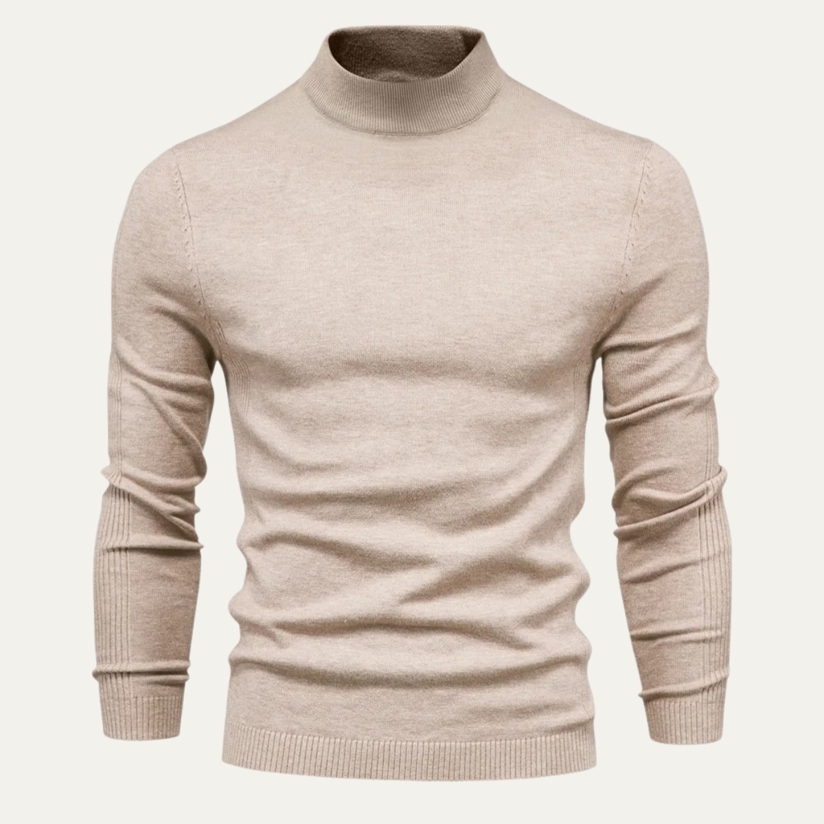 Men's slim fit khaki turtleneck sweater with long sleeves and ribbed hem
