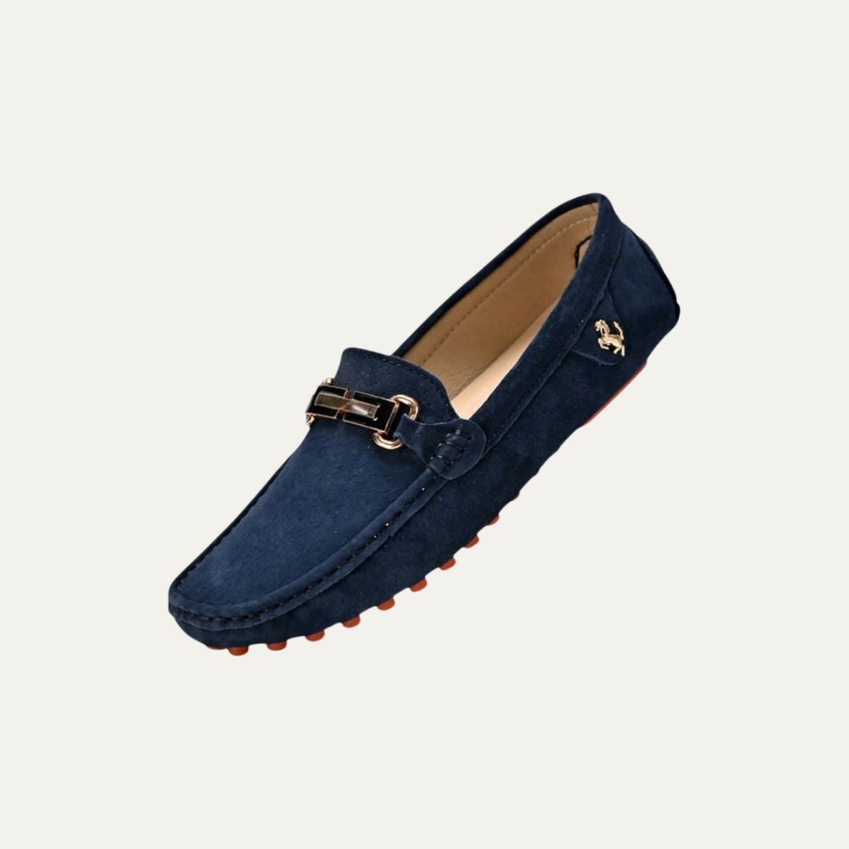 Navy suede smart loafers with gold-tone buckle and horse logo detail