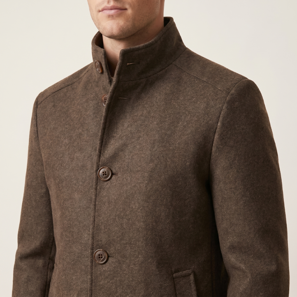 Brown wool overcoat collar and button placket detail, stand style