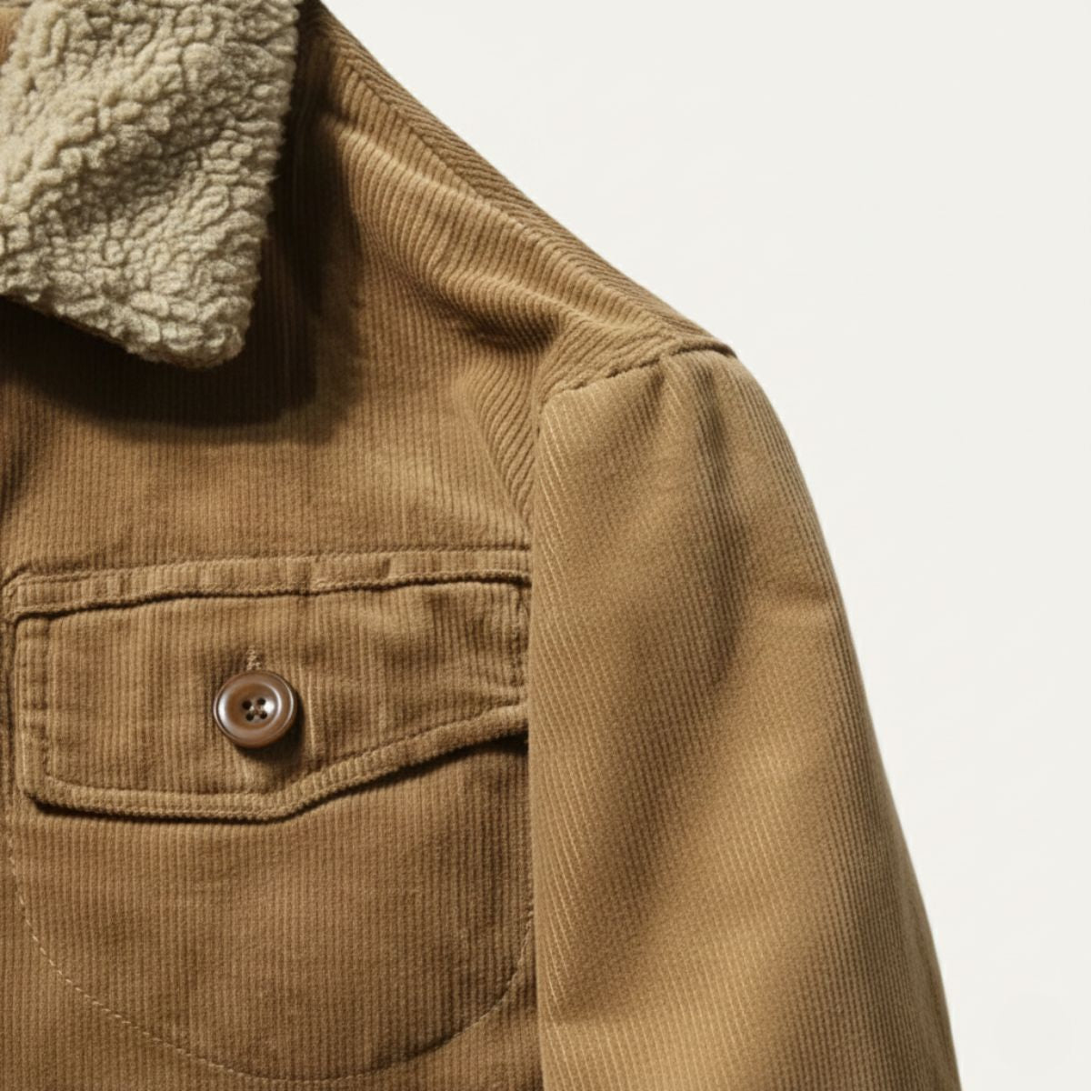 Men's corduroy winter jacket, chest pocket with button and sherpa-lined collar