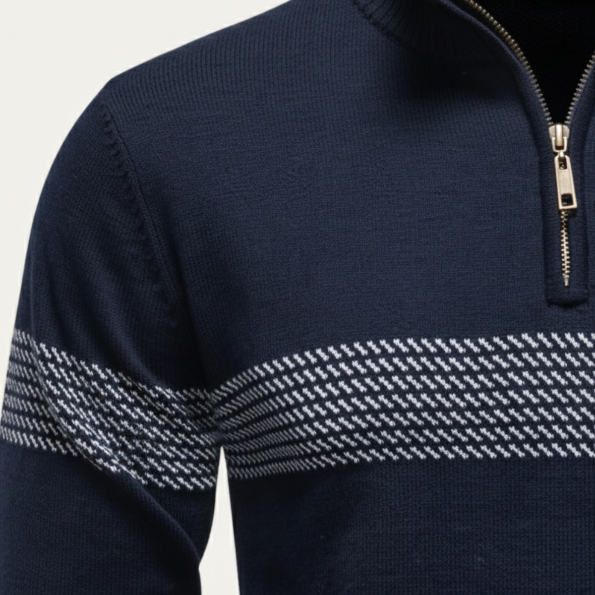 Men’s navy knit half-zip sweater with stand collar and patterned waist band