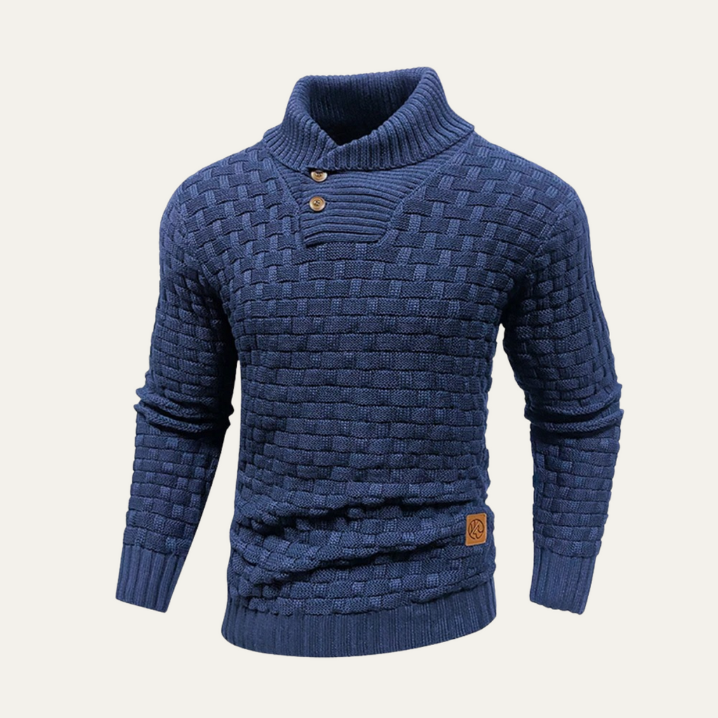 Men’s textured knit winter sweater in navy blue, mock neck with 2-button placket