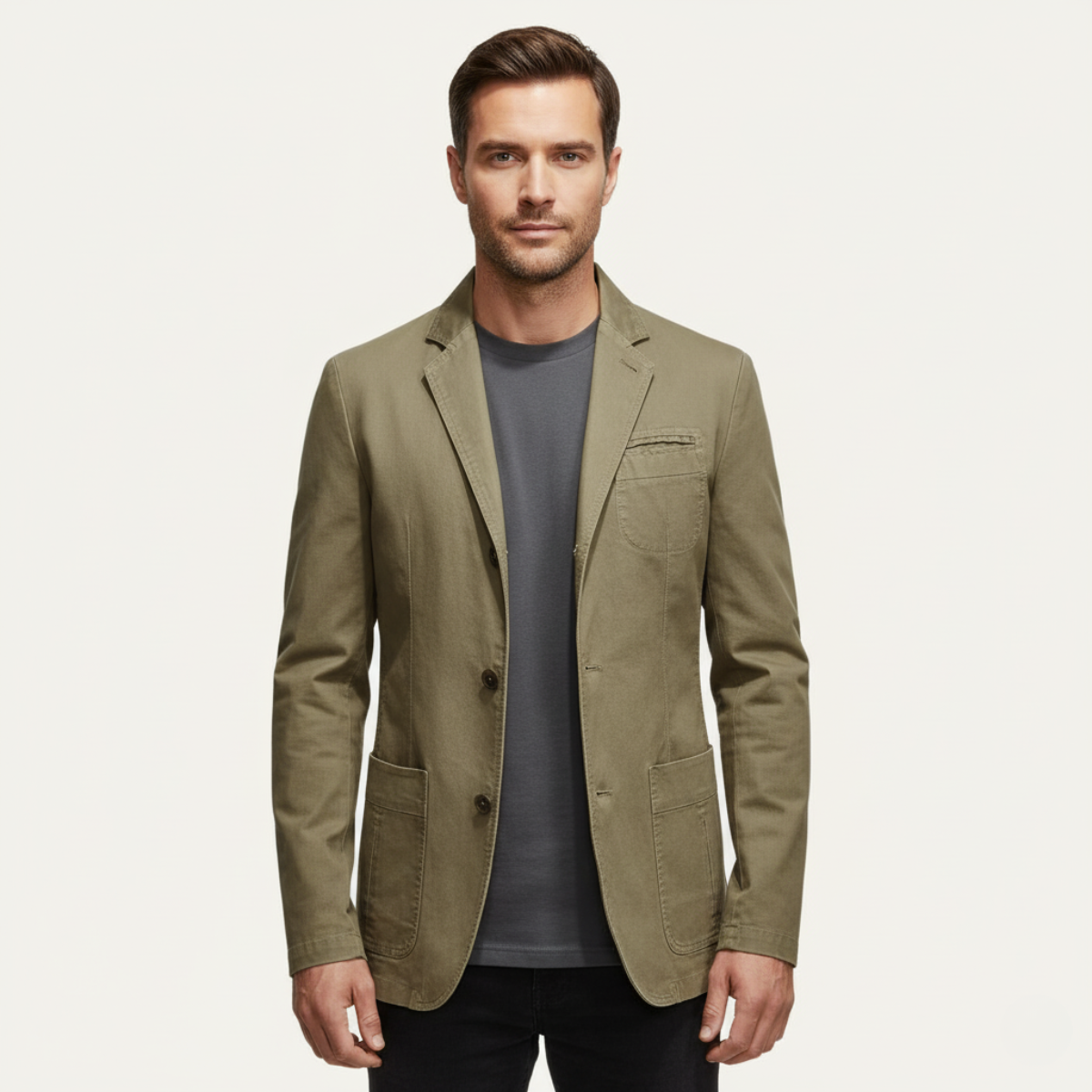 Men's khaki lightweight jacket worn with a charcoal T-shirt and black pants