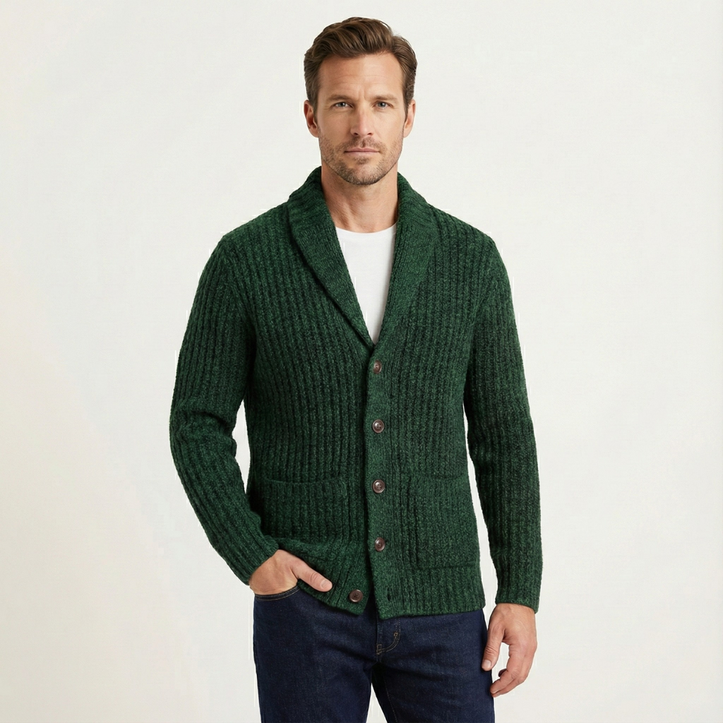 Green chunky knit cardigan with shawl collar, button placket, and side seam pockets