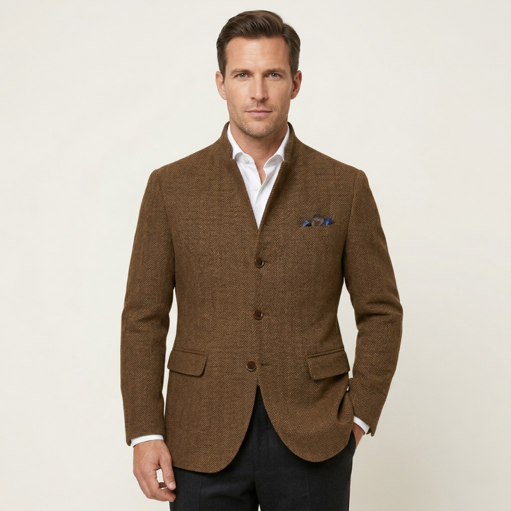 Men's brown tweed blazer jacket with button front, flap pockets, and blue pocket square