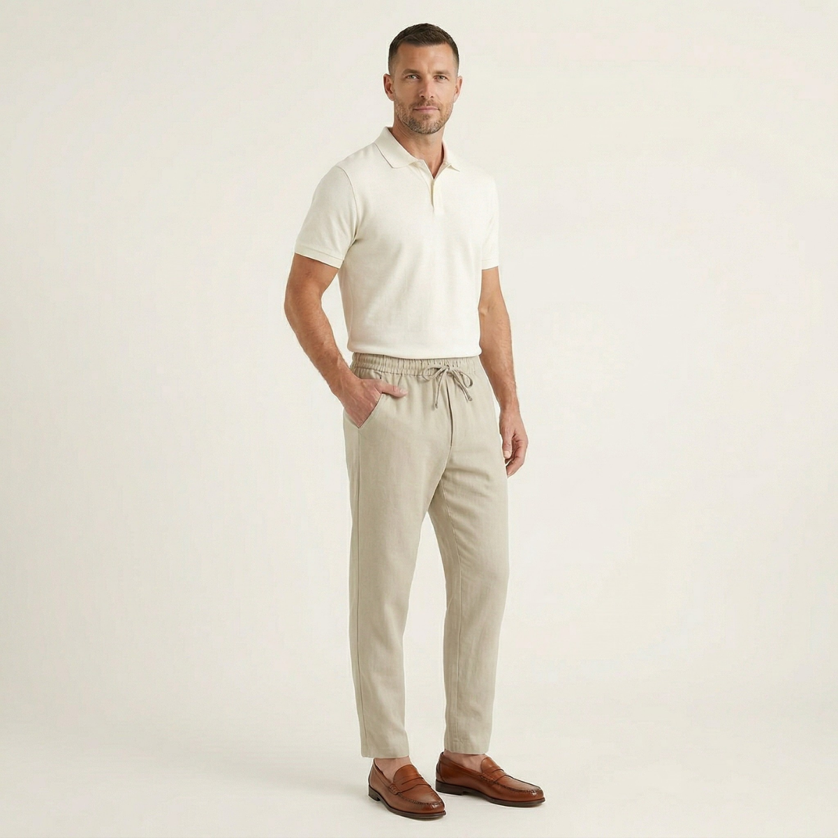 Khaki cotton jogger pants on model with elastic waist, drawstring, and tapered cuffs