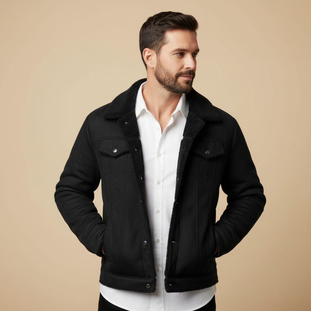 Men's black suede jacket with sherpa lining, snap flap chest pockets, button placket.