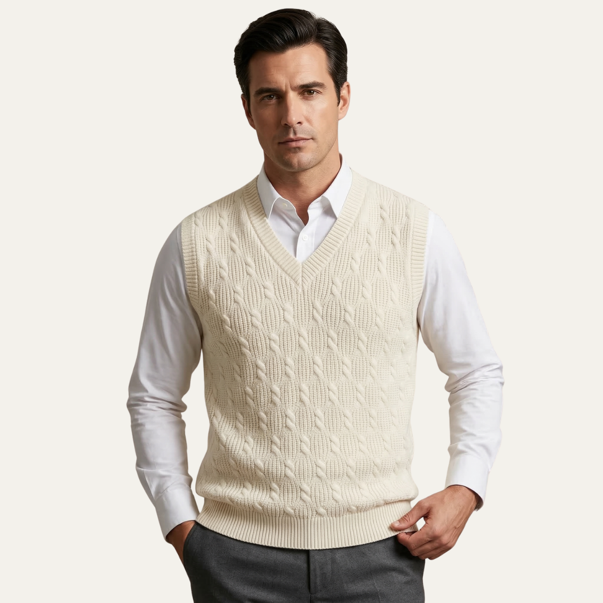Men's white textured knit V-neck sweater vest worn over a white button-down shirt