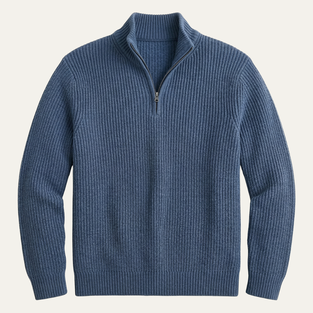 Men’s merino wool half-zip knit sweater, navy blue with ribbed stand collar