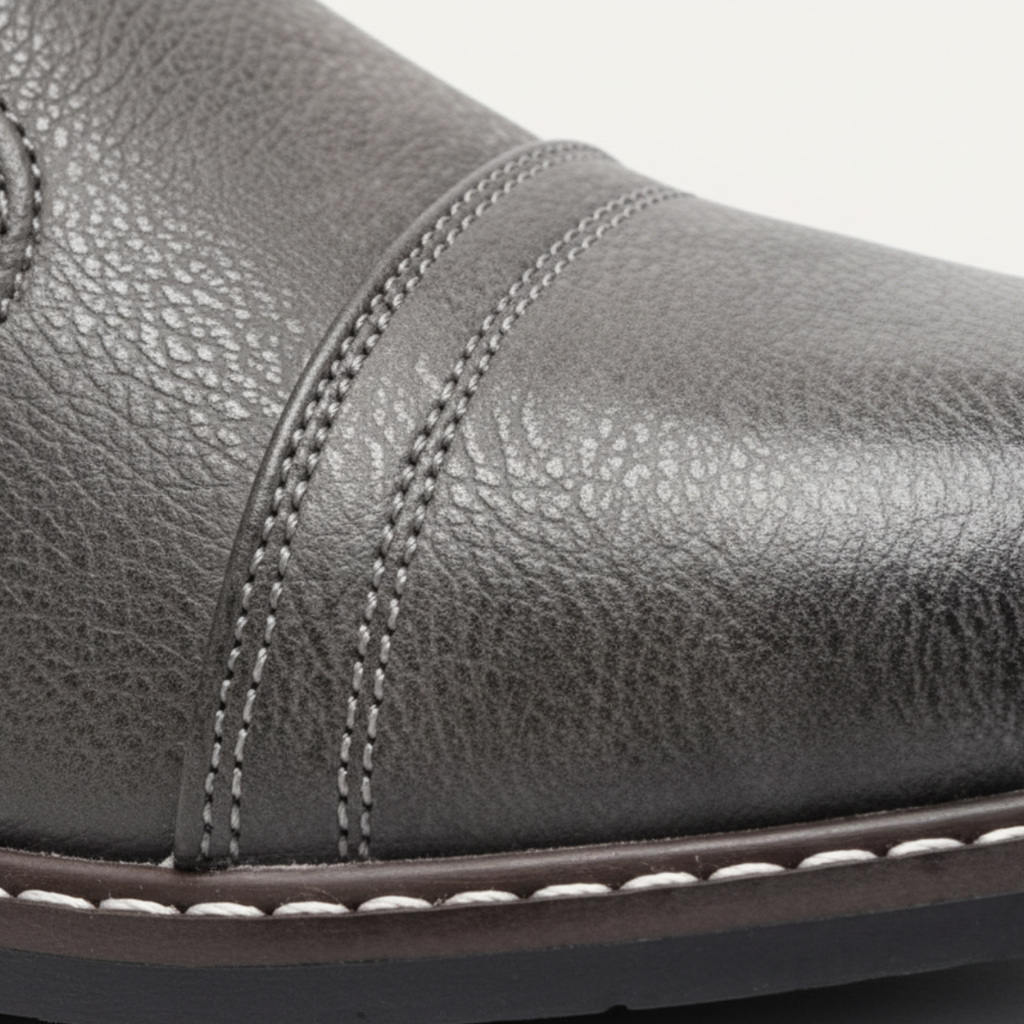 Men's dark gray lace-up ankle boot close-up with textured faux leather and stitched panel