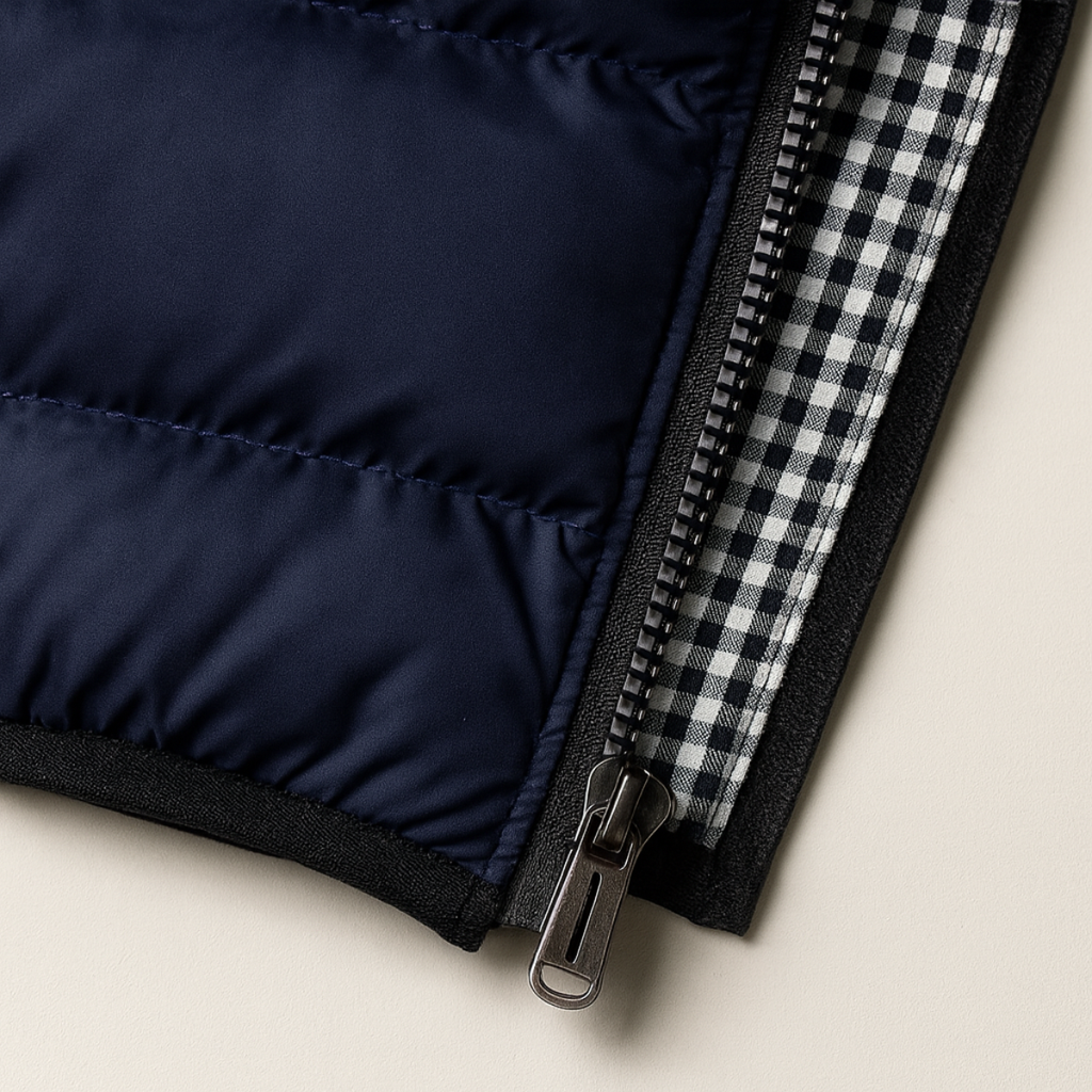 Navy vest zipper with metal pull and check-lined inner placket