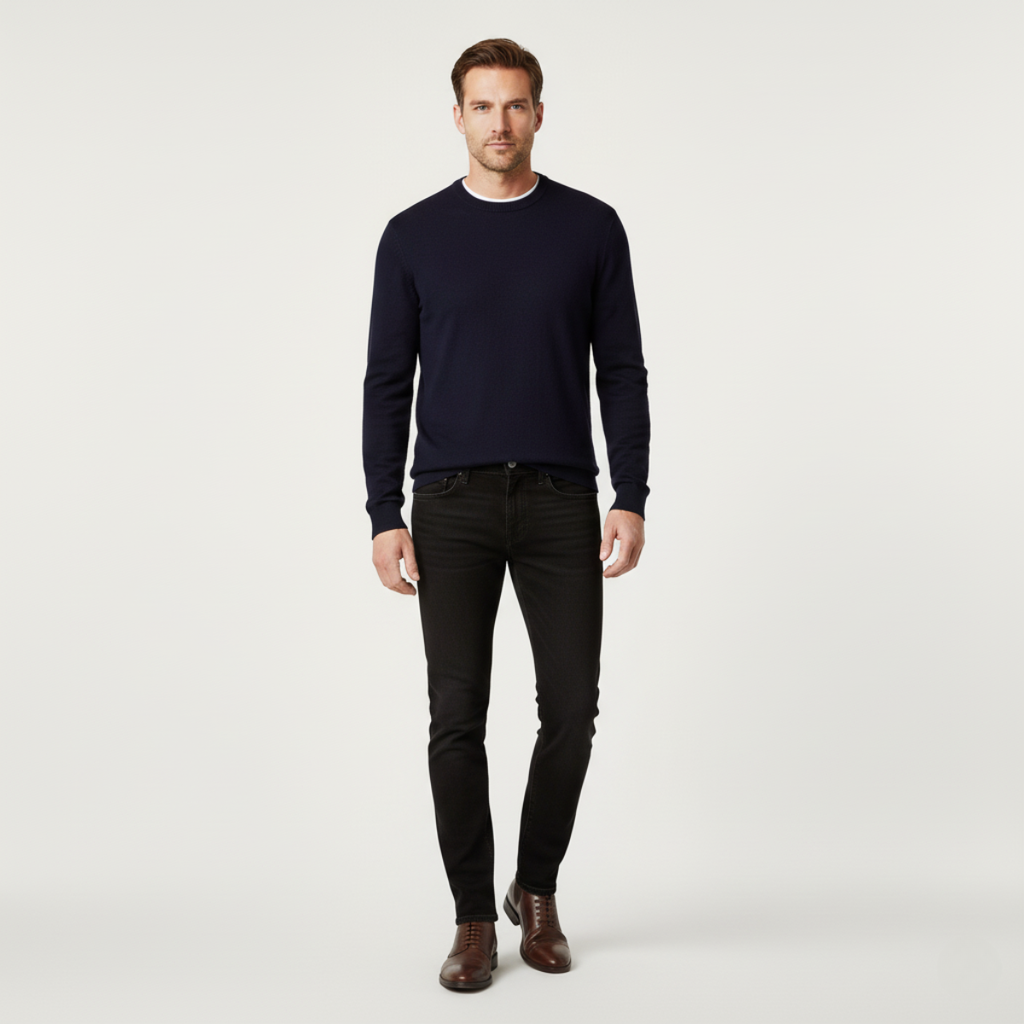Men's slim-fit skinny jeans, black denim on-model with tapered legs