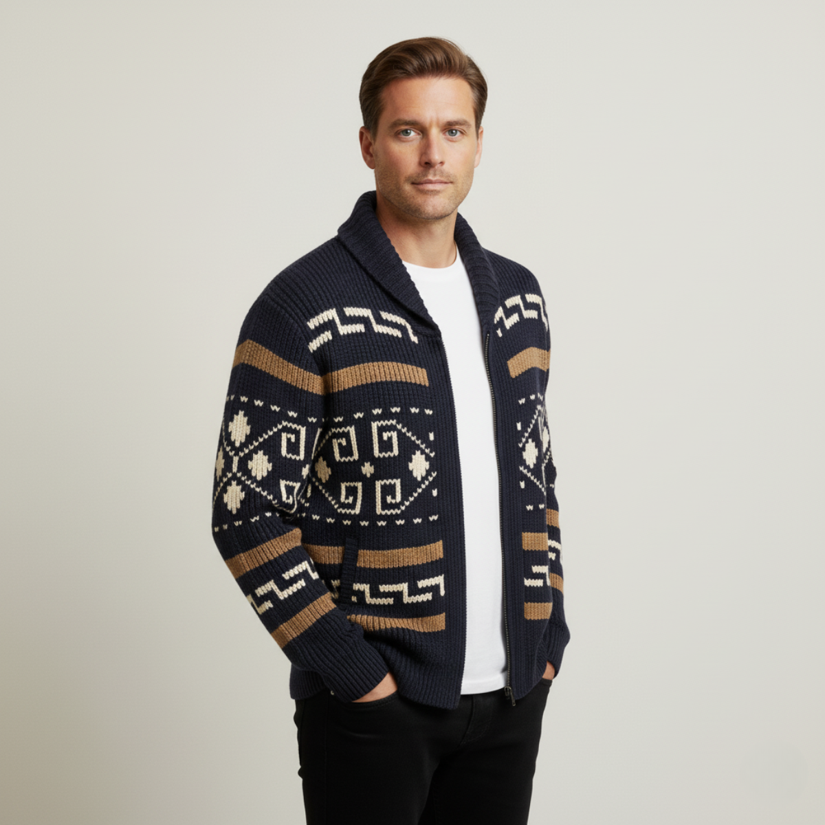 Men's navy Aztec-pattern shawl-collar cardigan with zipper and ribbed knit
