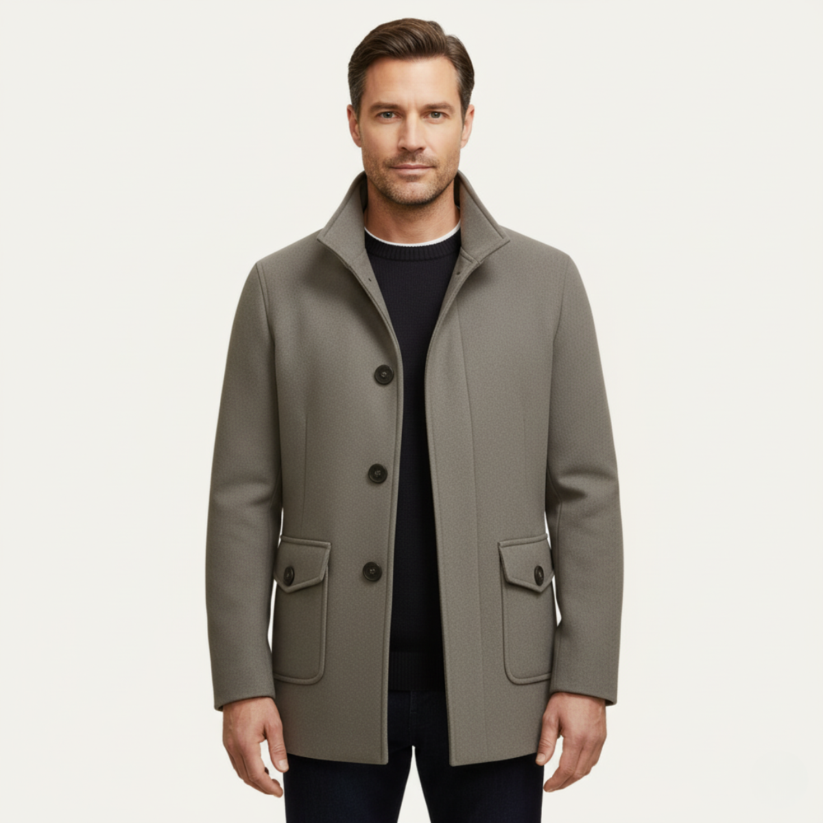 Men's tailored wool overcoat with stand collar, button front, and flap pockets in gray
