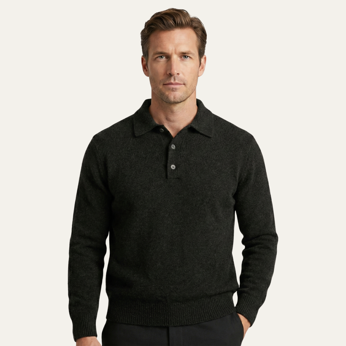 Men's soft knit polo sweater in dark gray/black with collar, buttons, and ribbed cuffs