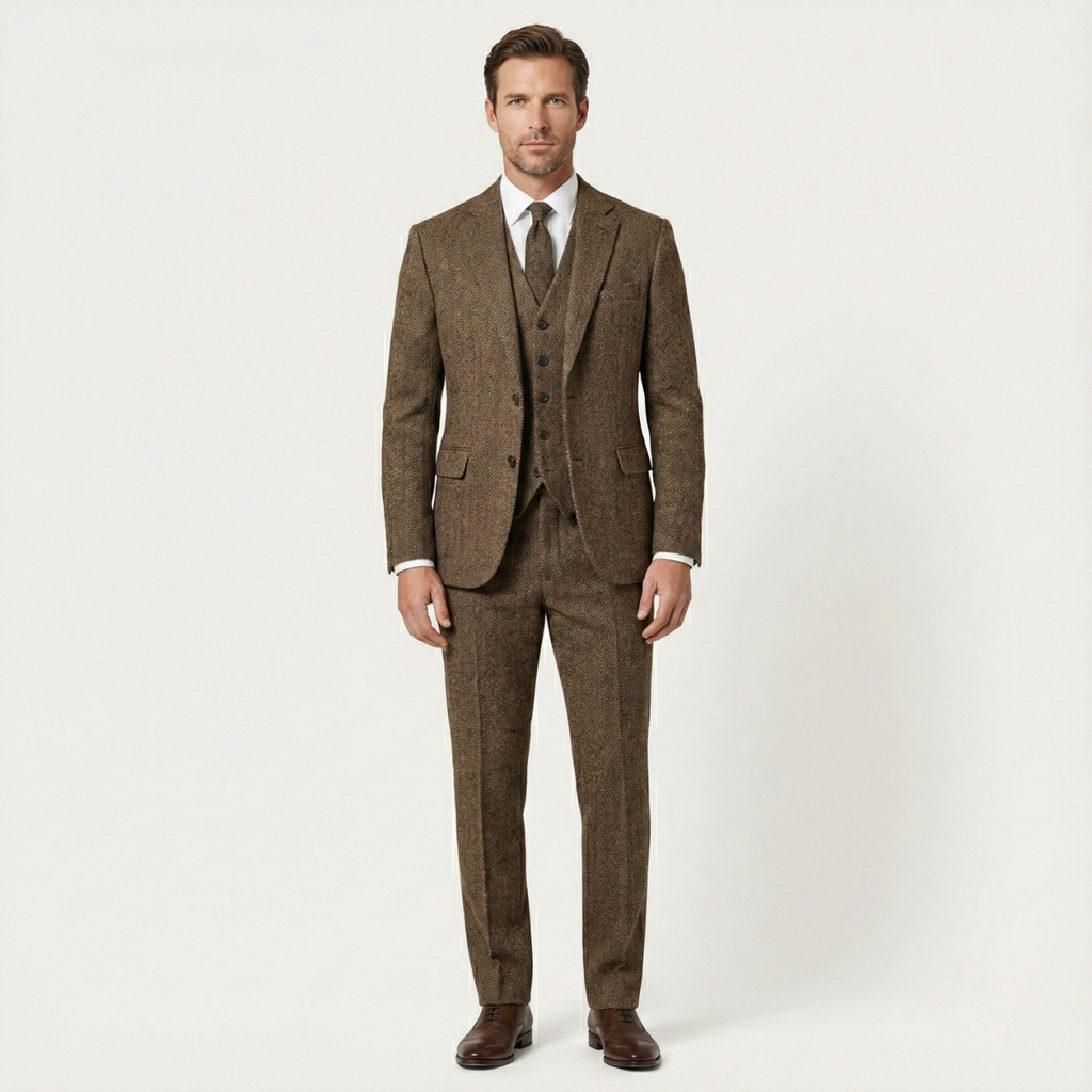 Men's khaki tweed herringbone 3-piece suit, slim fit, with vest