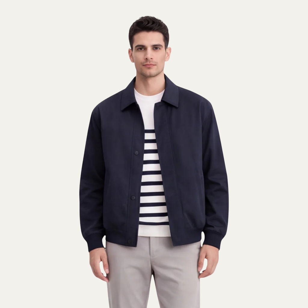 Men's navy lightweight button jacket with point collar and ribbed cuffs